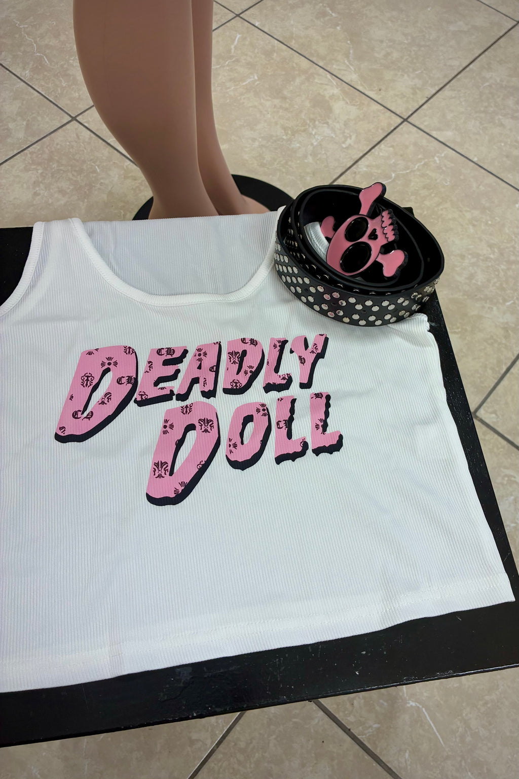 Deadly Doll Ribbed Crop Tank (top only) - pink & white