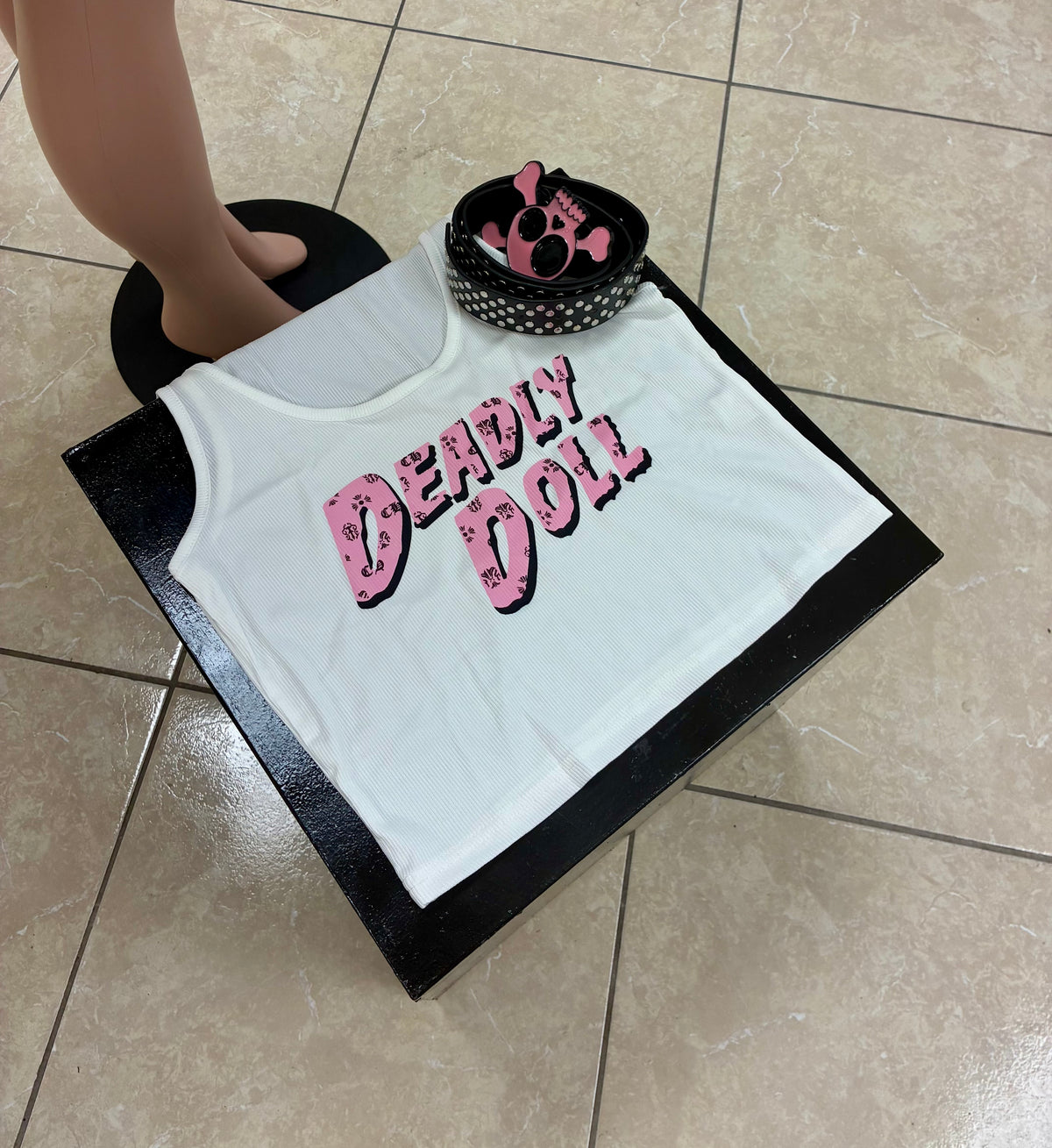 Deadly Doll Ribbed Crop Tank (top only) - pink & white