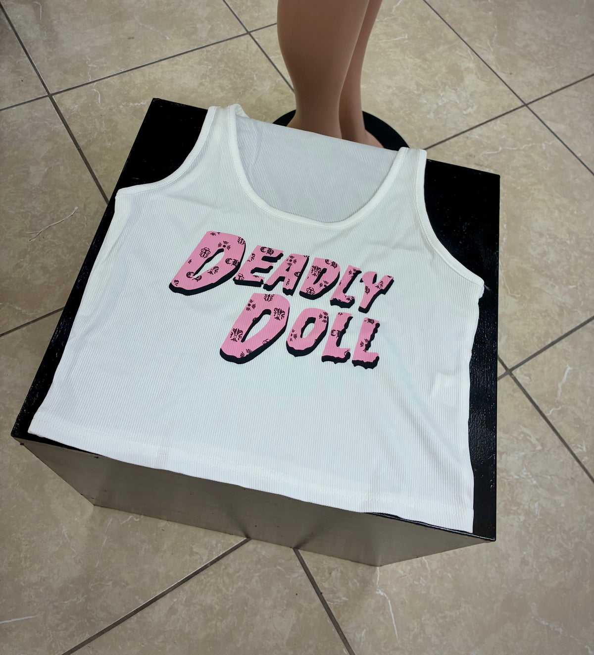 Deadly Doll Ribbed Crop Tank (top only) - pink & white