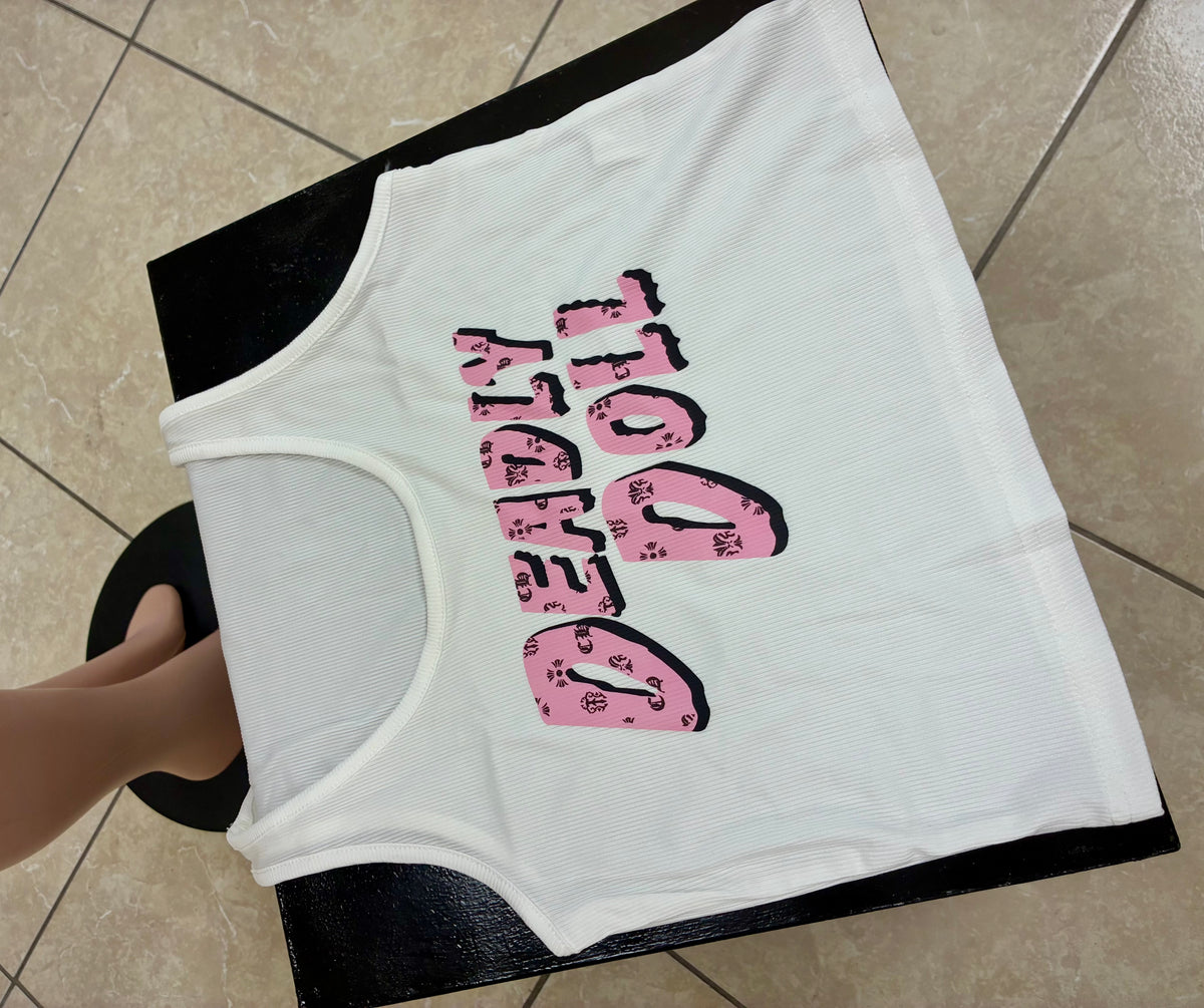 Deadly Doll Ribbed Crop Tank (top only) - pink & white