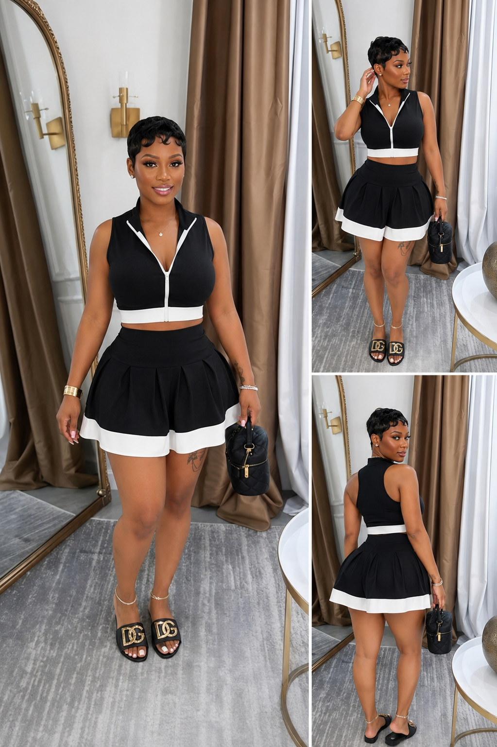 “ Midnight Match Pleated Mini Skirt Set” - black & white