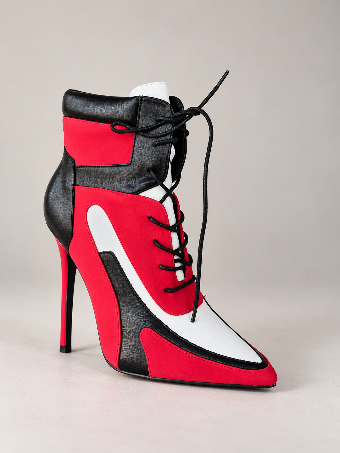 Colorblock Lace-Up Stiletto Ankle Boots - red black & white