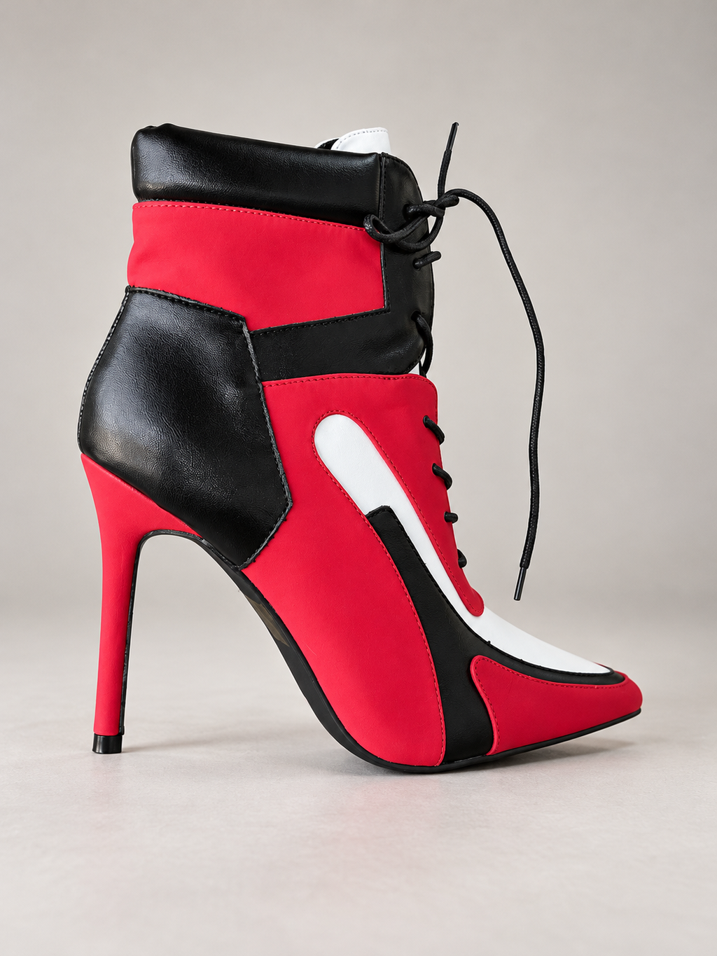 Colorblock Lace-Up Stiletto Ankle Boots - red black & white
