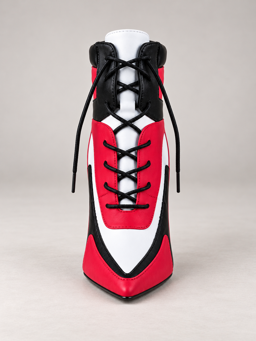 Colorblock Lace-Up Stiletto Ankle Boots - red black & white